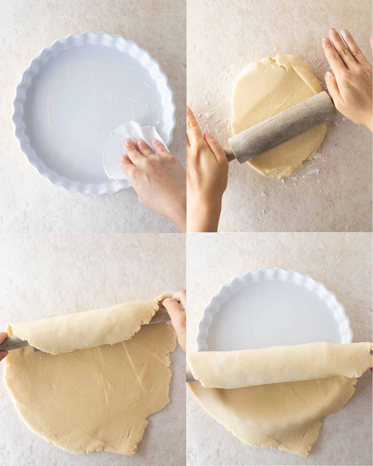 Four image collage showing how to prepare the pie dish and pastry. Images show hand greasing pie dish with parchment paper, hands rolling out buttery shortcrust pastry, pastry rolled around a rolling pin and the pastry being placed on top of the greased pie dish