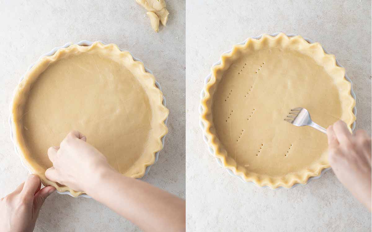 Two image collage. First image shows hands crimping the edges of pastry in a pie dish. Second image shows hand using fork to prick the bottom of the pastry in the pie dish.