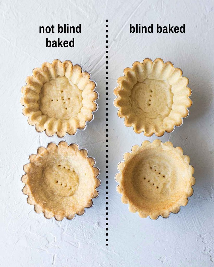 Side by side comparison of pastry shells which have been blind baked and not blind baked. The shells which have not been blind baked are puffy whereas the ones which have been blind baked are compact and smooth