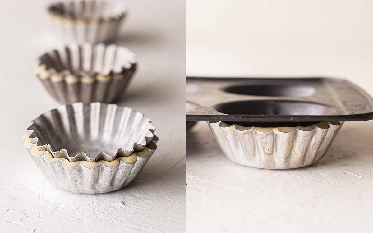 Two image collage showing blind baking hacks for the mini tart tins. One image has a tart tin, pressed pastry and another tart tin on top. The other image has a tart tin filled with pastry and a flat cupcake tray on top.