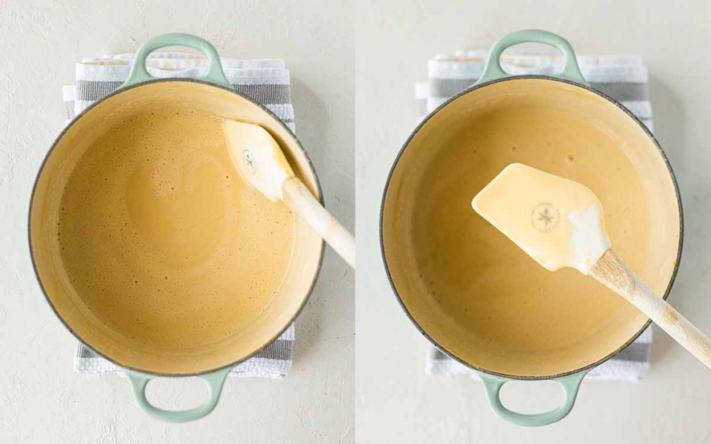 Two image collage of vegan egg custard. Image one shows the thin liquidy texture of the cooked custard. Image two shows that the custard thinly coats the back of a spatula