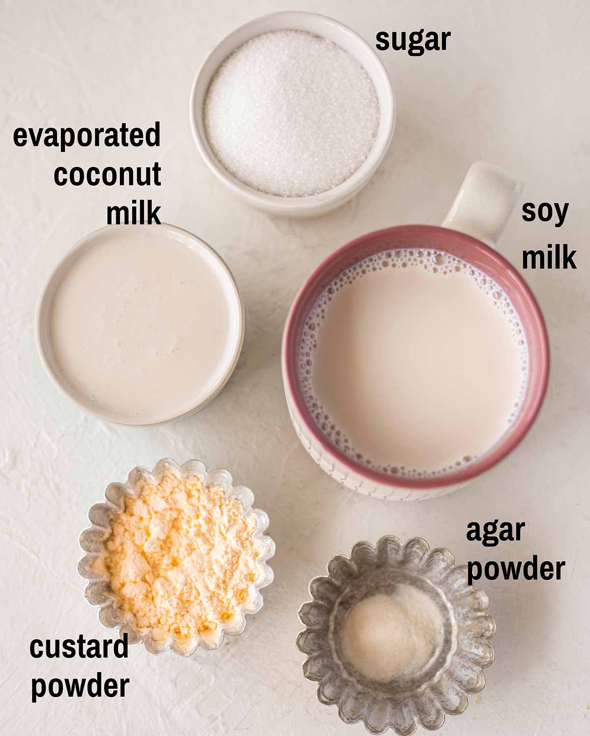 Flatlay of ingredients for the vegan egg custard.
