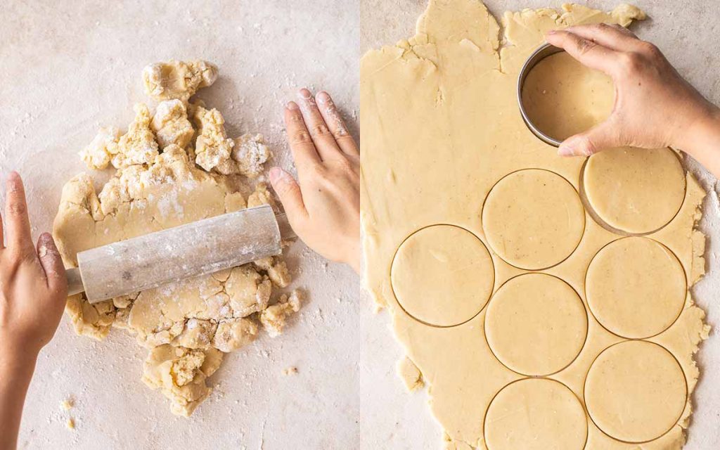 Two image collage. One image showing hands rolling out rough pastry on a floured surface. Second image shows flattened pastry with a hand using a cookie cutter to cut rounds out of the pastry