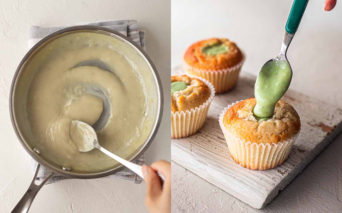 Two image collage. One image showing uncoloured lime curd filling and second image shows small spoon scooping coloured green lime curd into the middle of a golden cupcake
