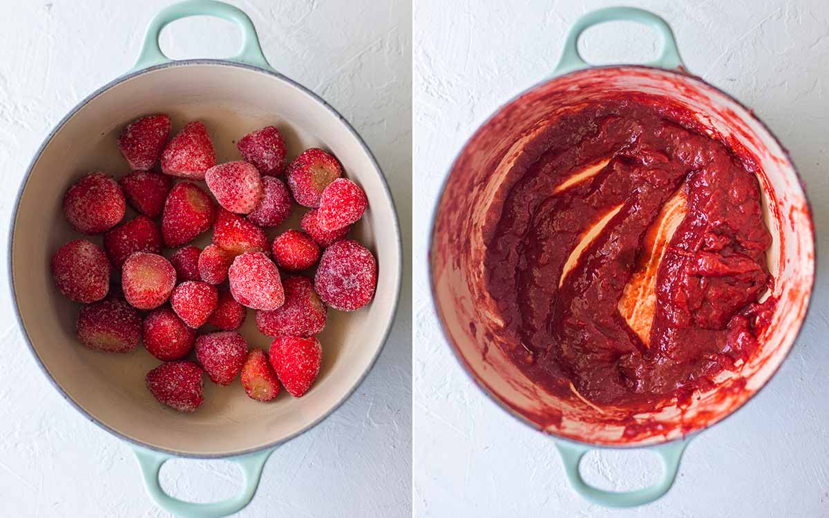 Two image collage of making the strawberry reduction. One image shows frozen strawberries in saucepan. Other image shows thick red liquid or strawberry reduction. The reduction has the same consistency as tomato pasta sauce.