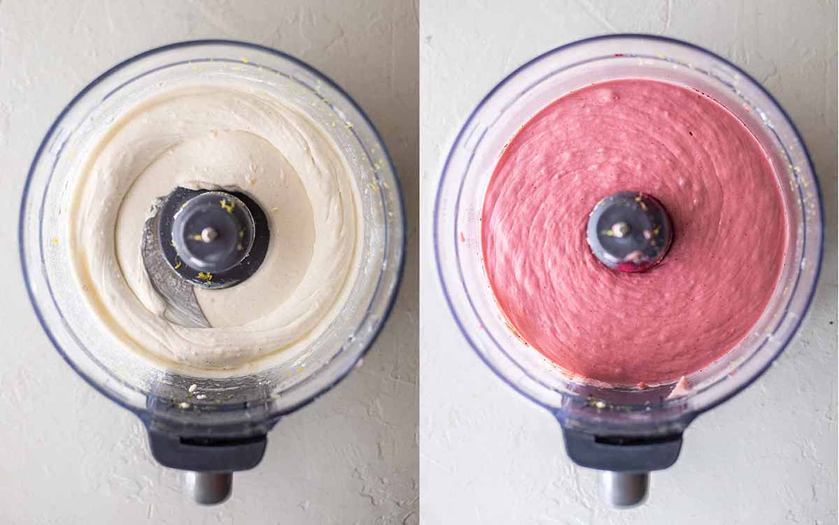 Two image collage of food processor. One image shows cream cheese mixture swirled in processor. Second image shows the same mixture but with strawberry custard in it.