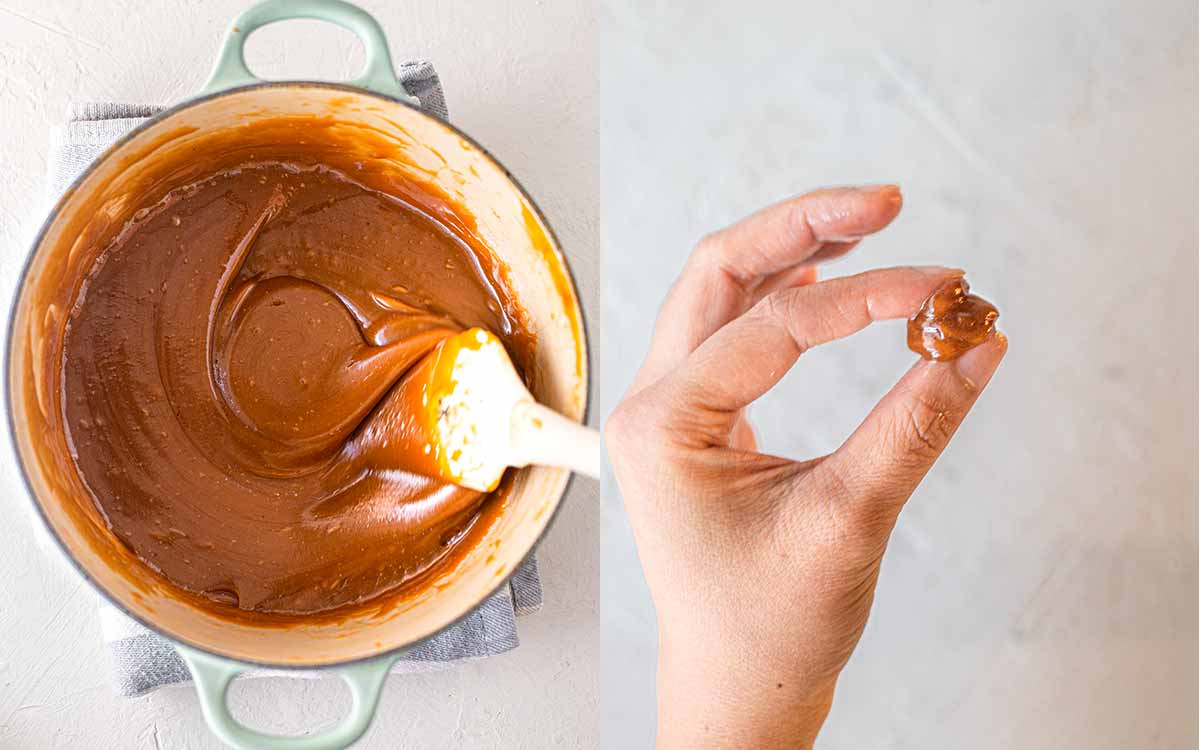 Two image collage of caramel for vegan twix. First image shows thick caramel in saucepan with spatula. Second image shows hand pinching a sturdy but soft ball of caramel.