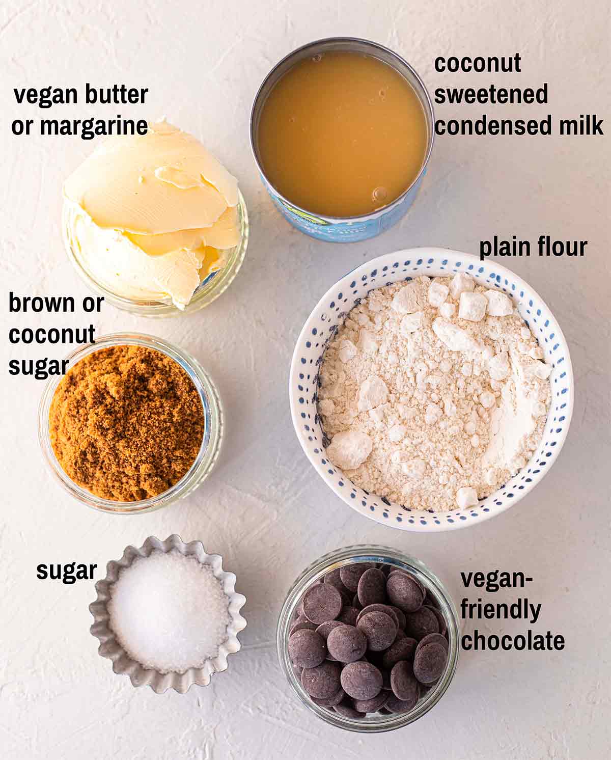 Flatlay of ingredients for twix bars.