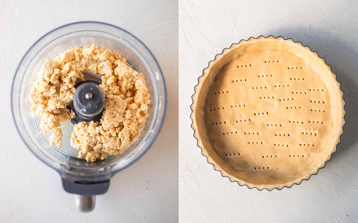 Two image collage of vegan shortcrust pastry in food processor and tart tin.