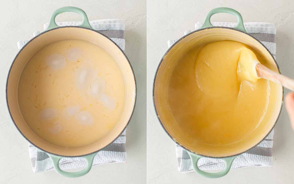 Two image collage of making the vegan lemon curd in a saucepan.