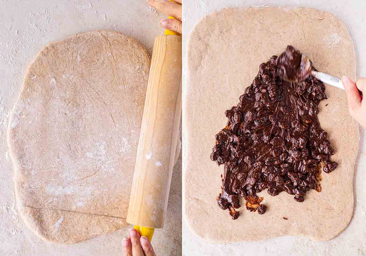 Two image collage. First image shows hands rolling out cinnamon roll dough. Second image shows a hand spreading thick spiced filling studded with sultanas on the dough with a spoon.