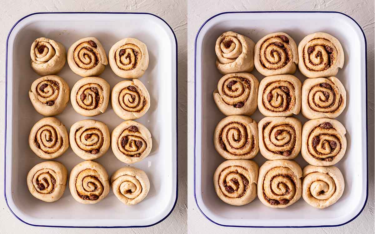 Two image collage of second rise of hot cross cinnamon rolls in baking tray