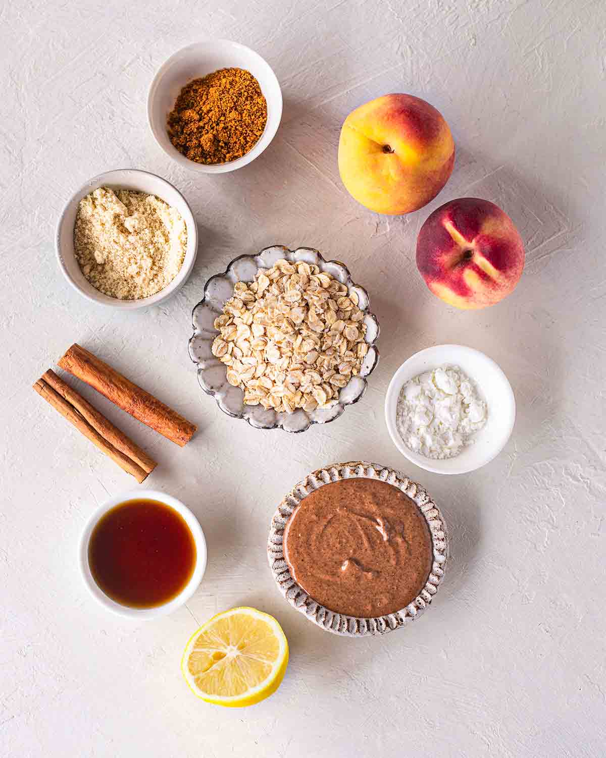 Flatlay of dairy free and gluten free ingredients for peach crumble 
