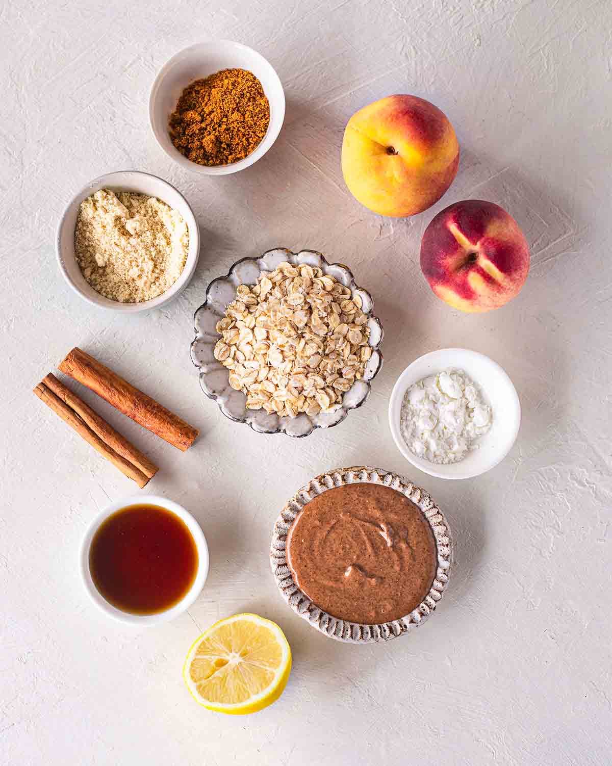 Flatlay of dairy free and gluten free ingredients for peach crumble