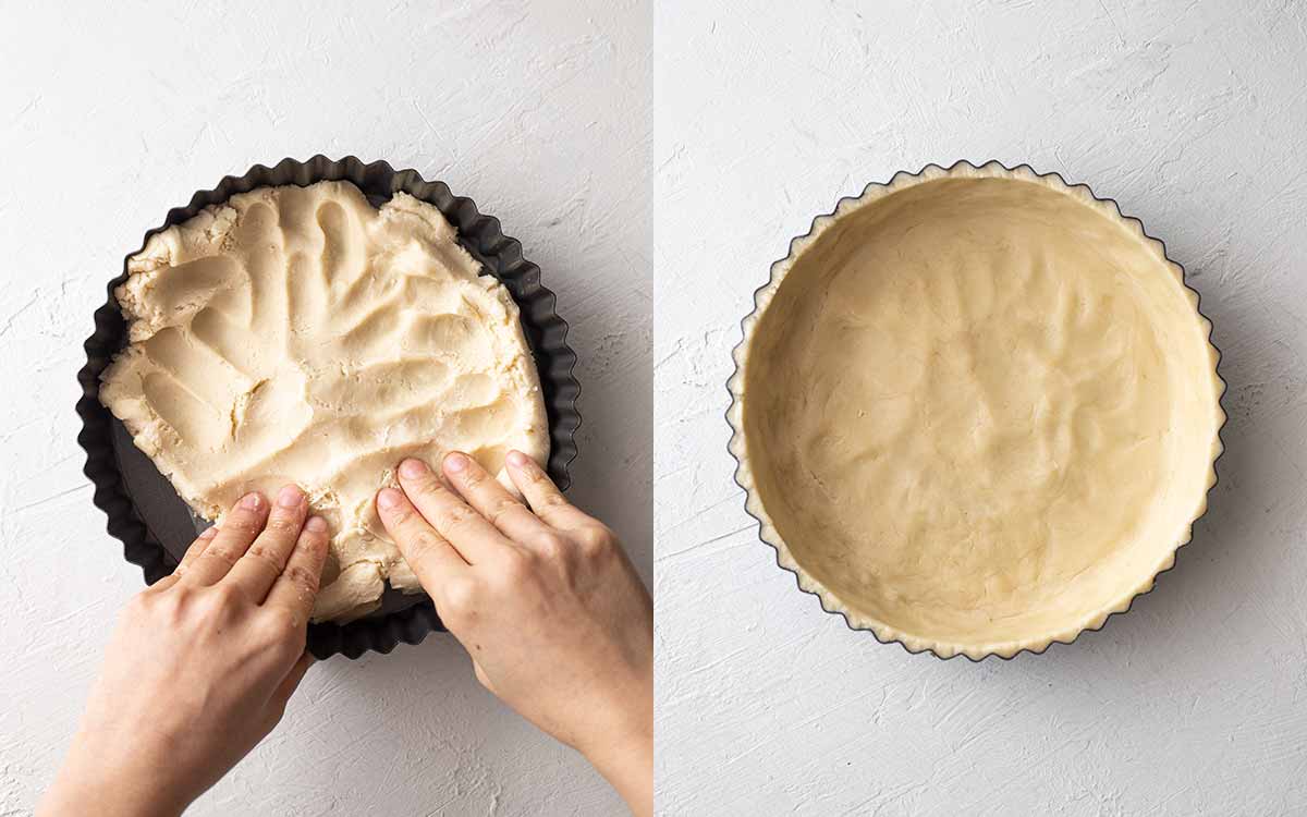 Two image collage pressing shortcrust pastry into tart tin.