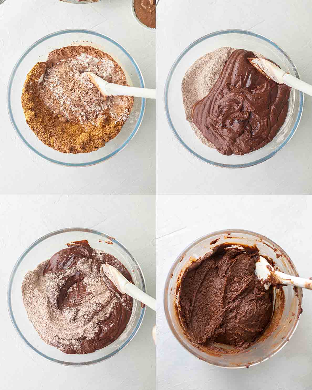 Four image collage showing how to mix the dry and wet ingredients for the brownies.