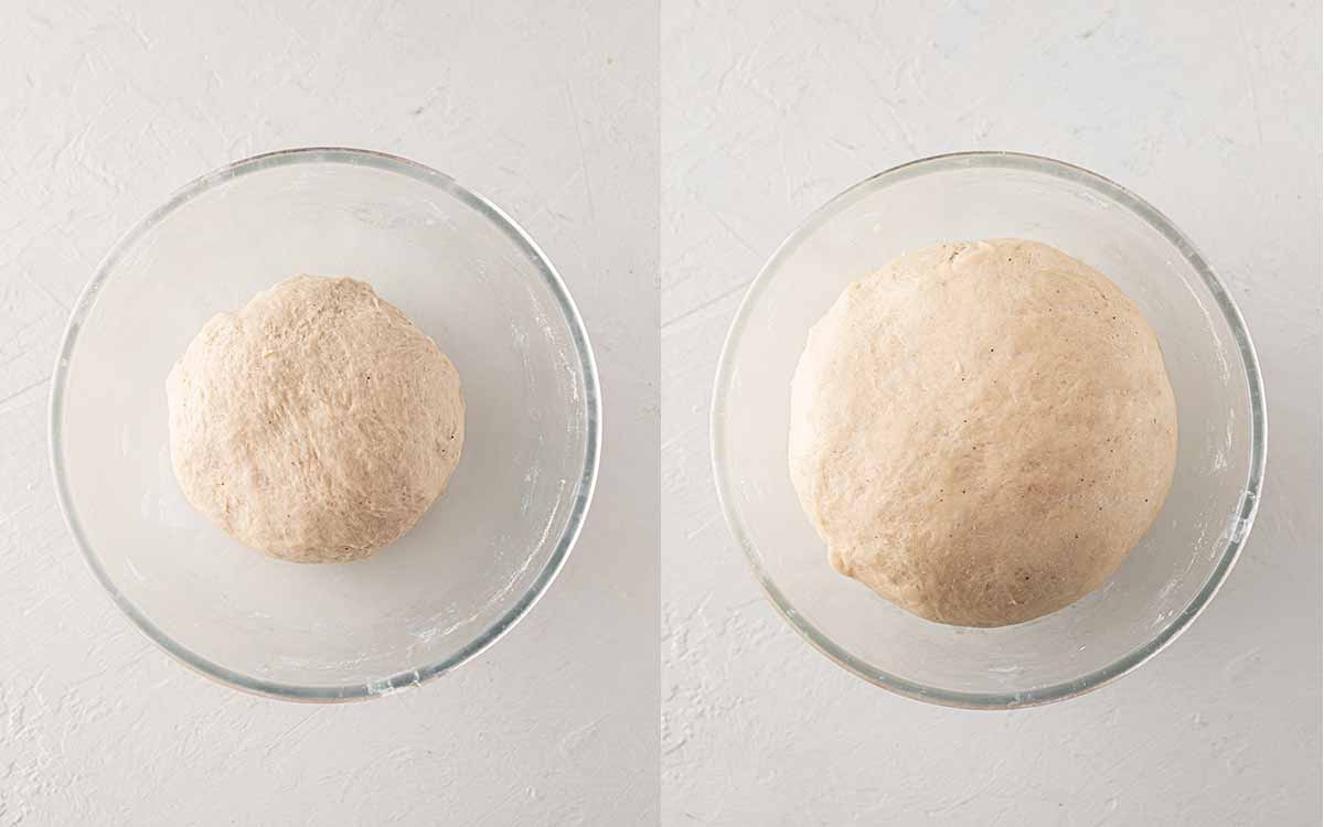 Two image collage of dough rising.