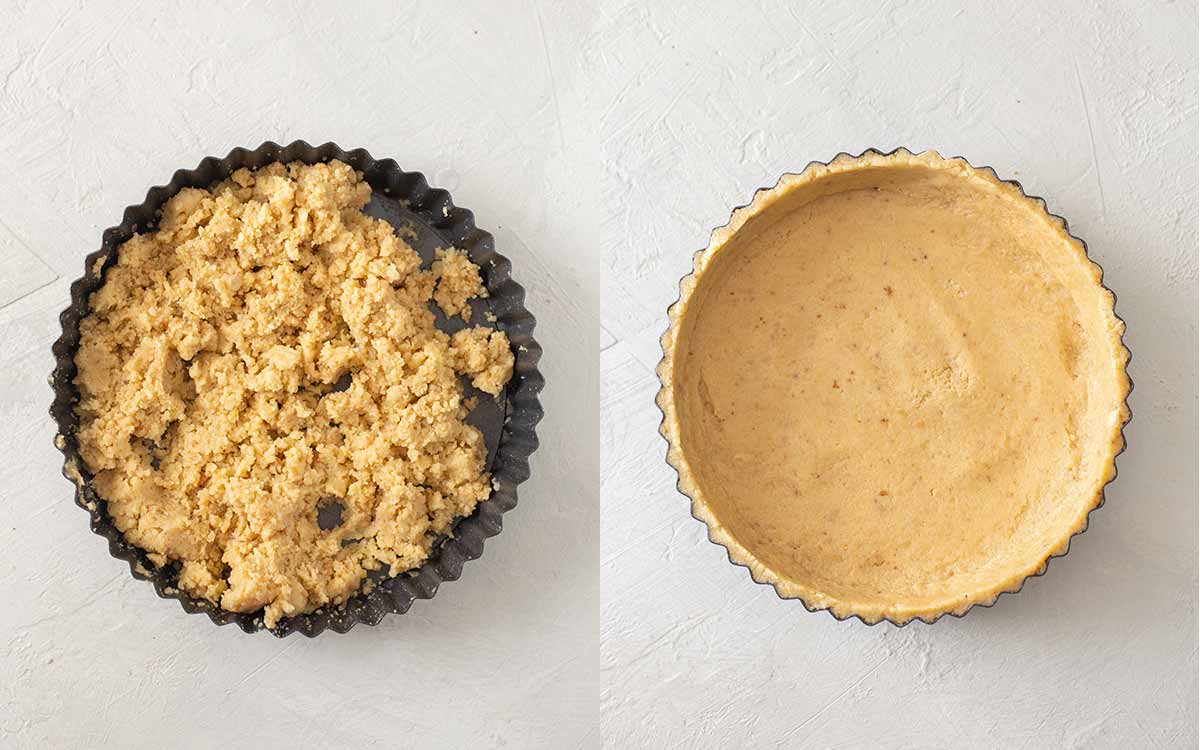 Two image collage of assembling the vegan graham cracker pie crust.