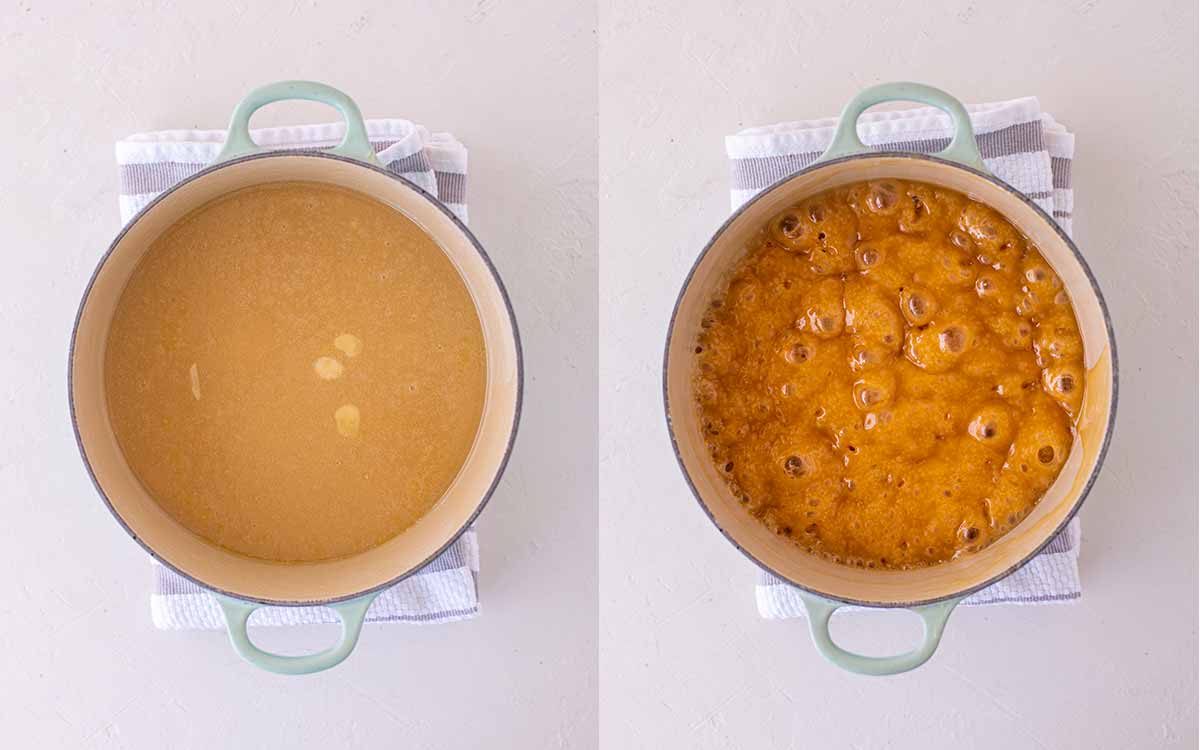 Two image collage showing different stages of vegan caramel.