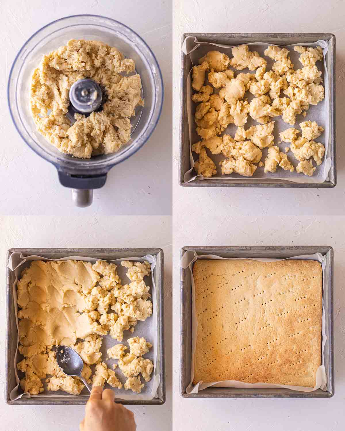 4 image collage showing how to make the shortcrust base for the vegan caramel slice.