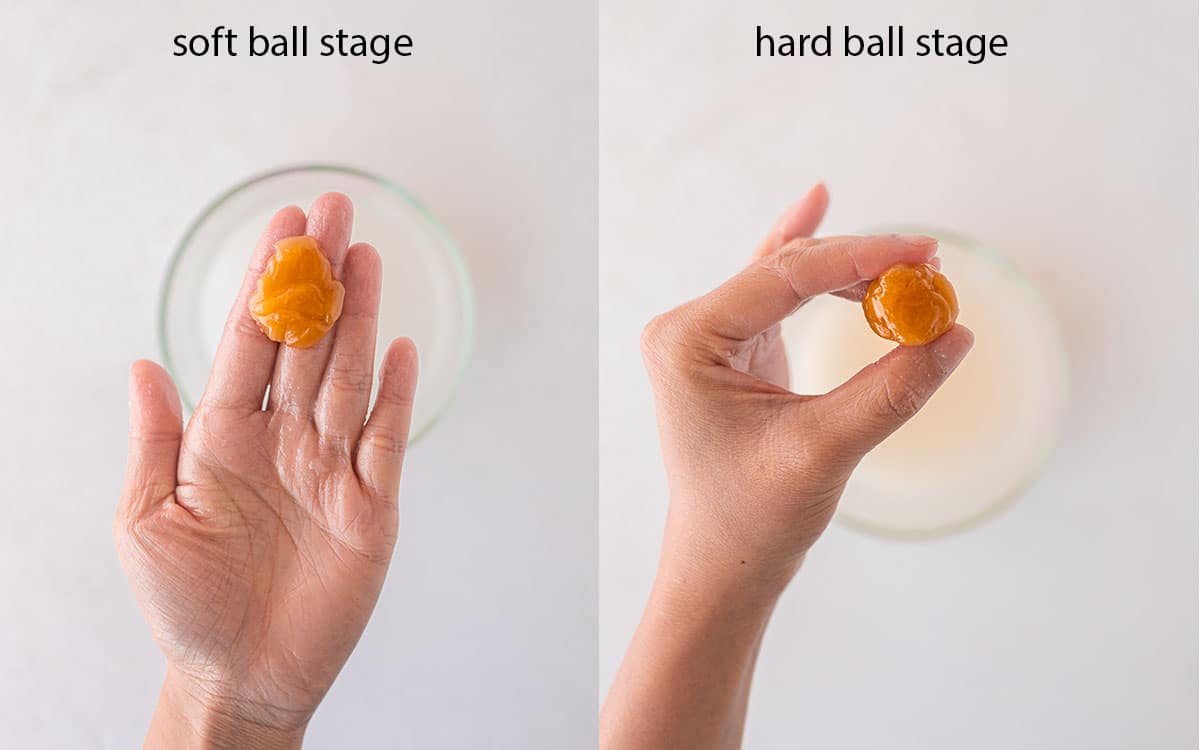 Two image collage showing soft ball and hard ball stage when making vegan caramel.