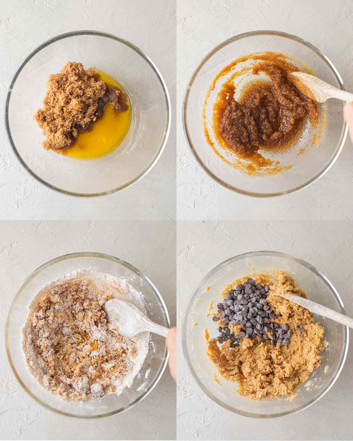 Four image collage showing how to make vegan chocolate chip cookie dough.