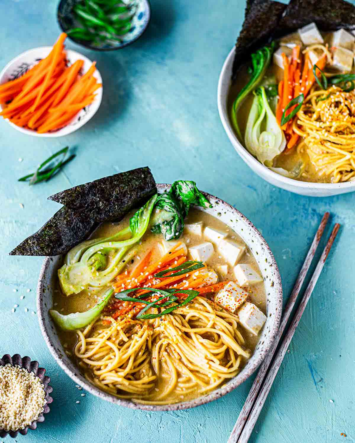 Easy quick vegan ramen noodle soup with miso sesame broth.