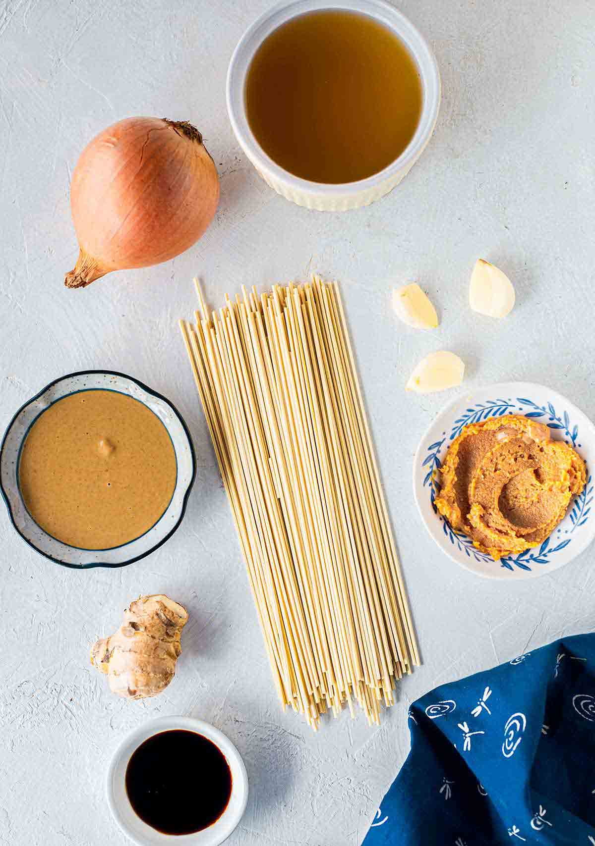 Flatlay of ingredients for ramen.