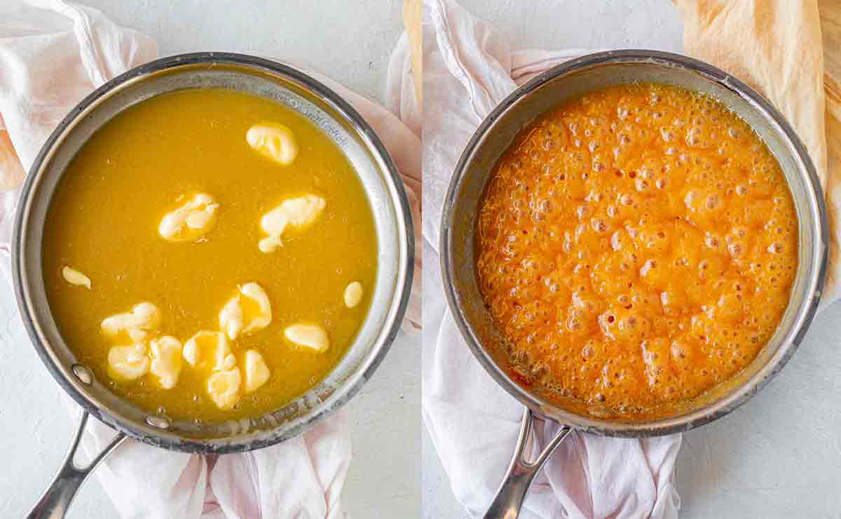 Two image collage of how to make the caramel.