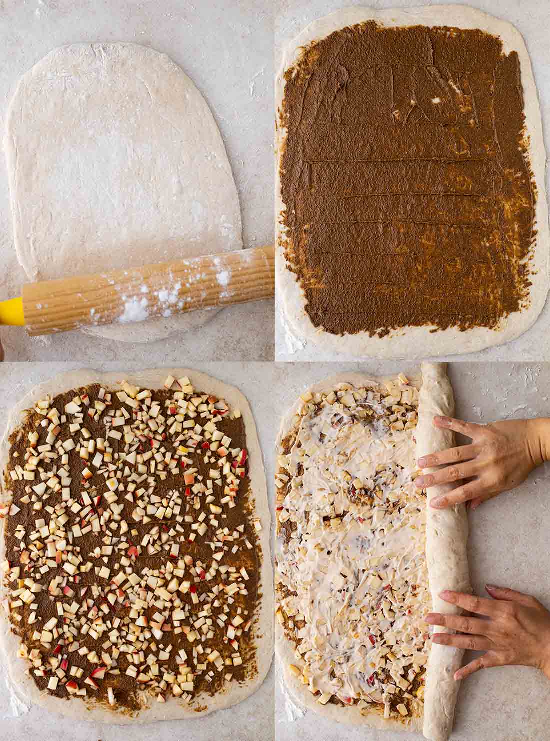 Four image collage of vegan cinnamon rolls being assembled.