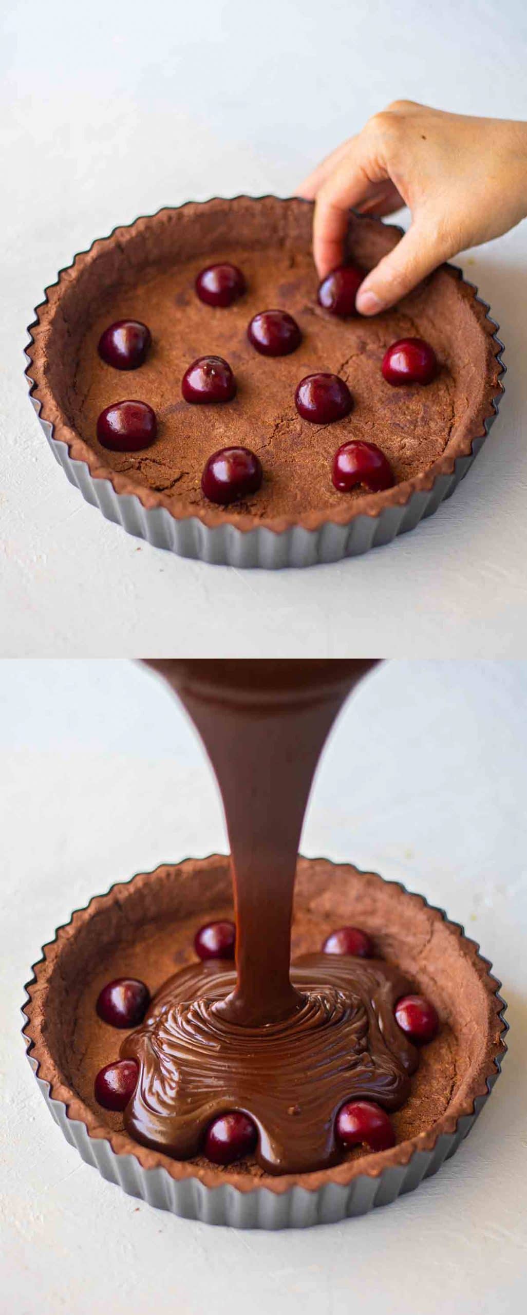 Two image collage placing halved cherries on a baked tart crust and luxurious chocolate ganache poured into crust.