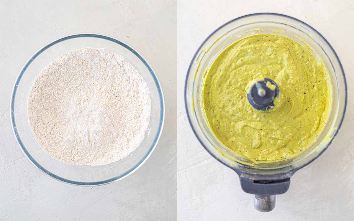 Two image collage of mixed dry ingredients (in a bowl) and mixed wet ingredients (in a food processor).