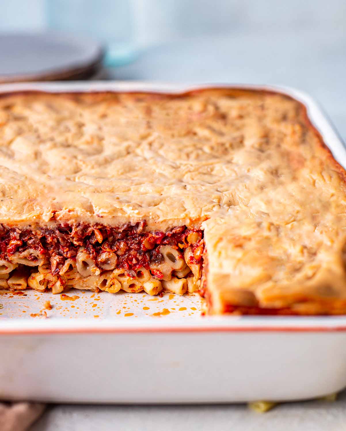 Close up of layers in casserole dish.