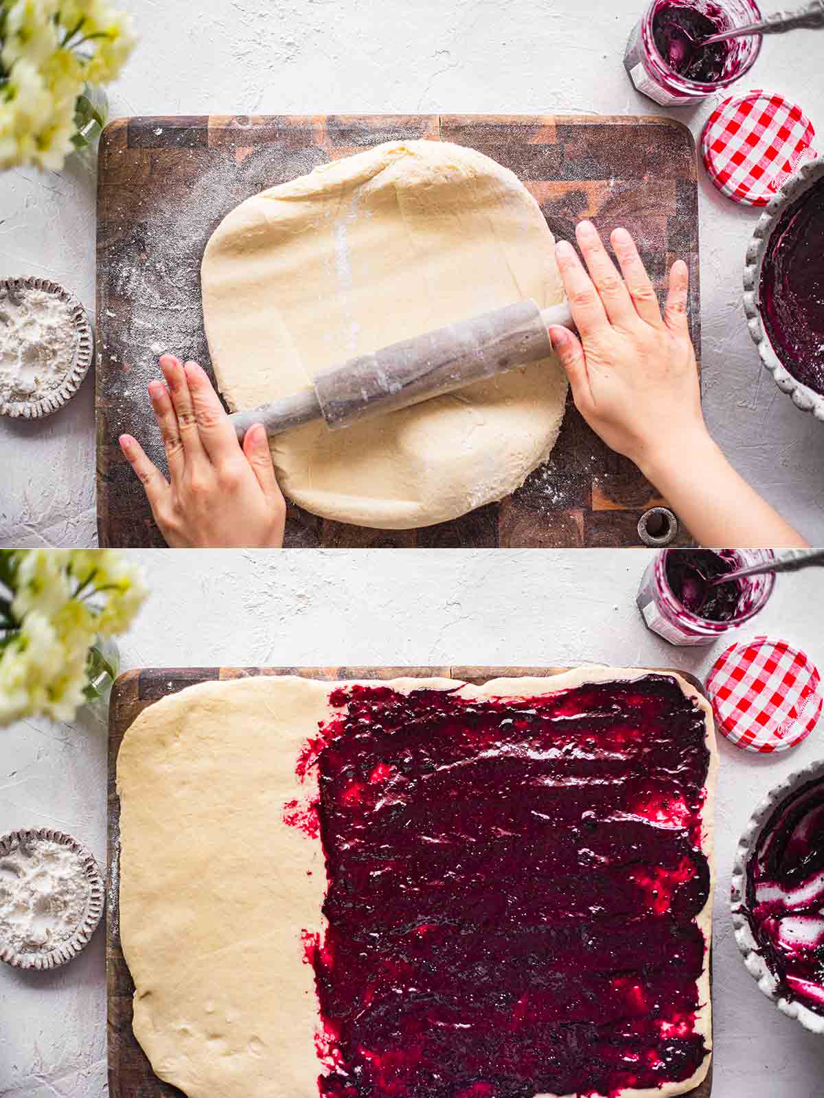 Two image collage of rolling out dough and spreading jam on the surface.