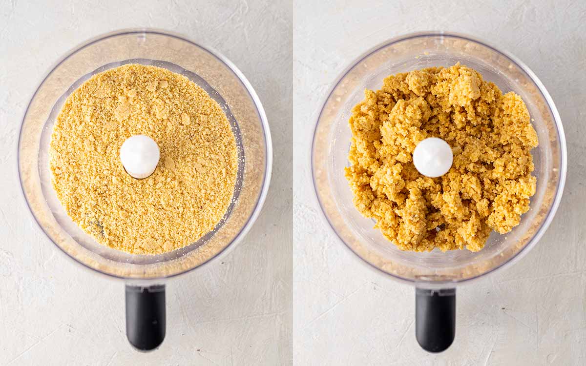 Two image collage of graham cracker crust in food processor