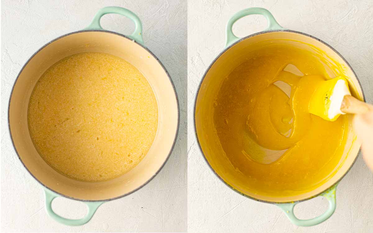 Two image collage of saucepan with lemon curd