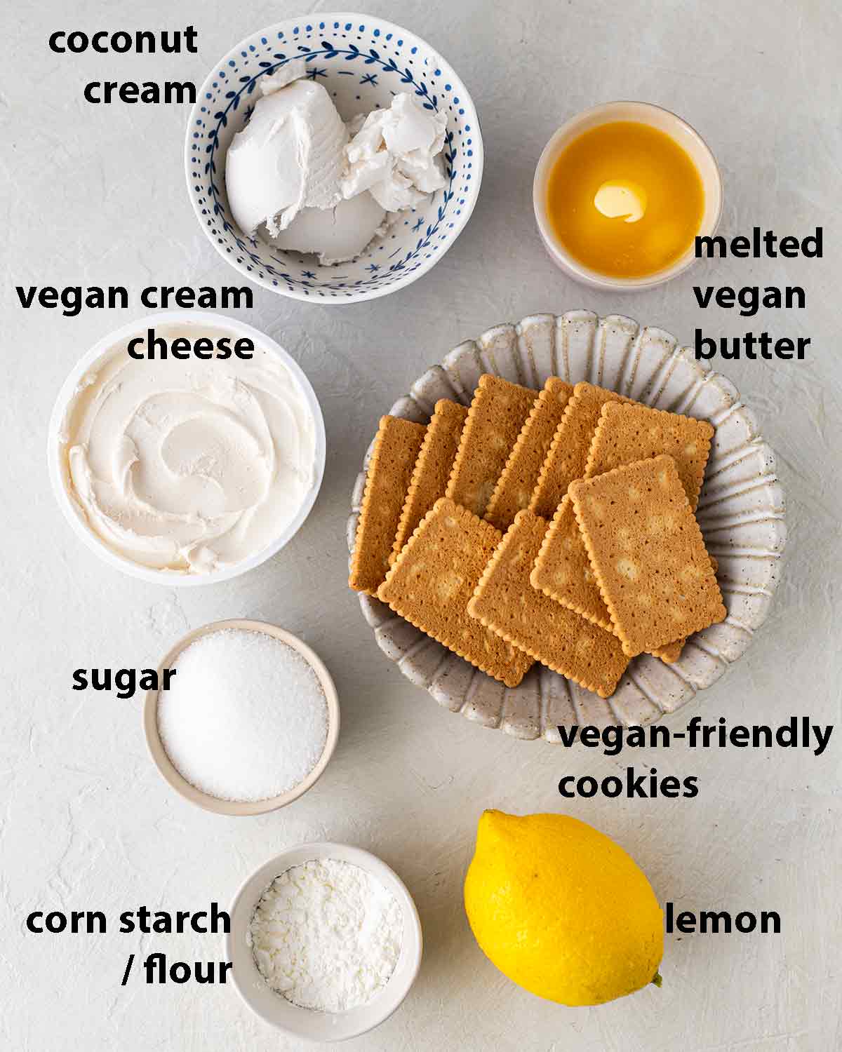 Flatlay of ingredients for cheesecake