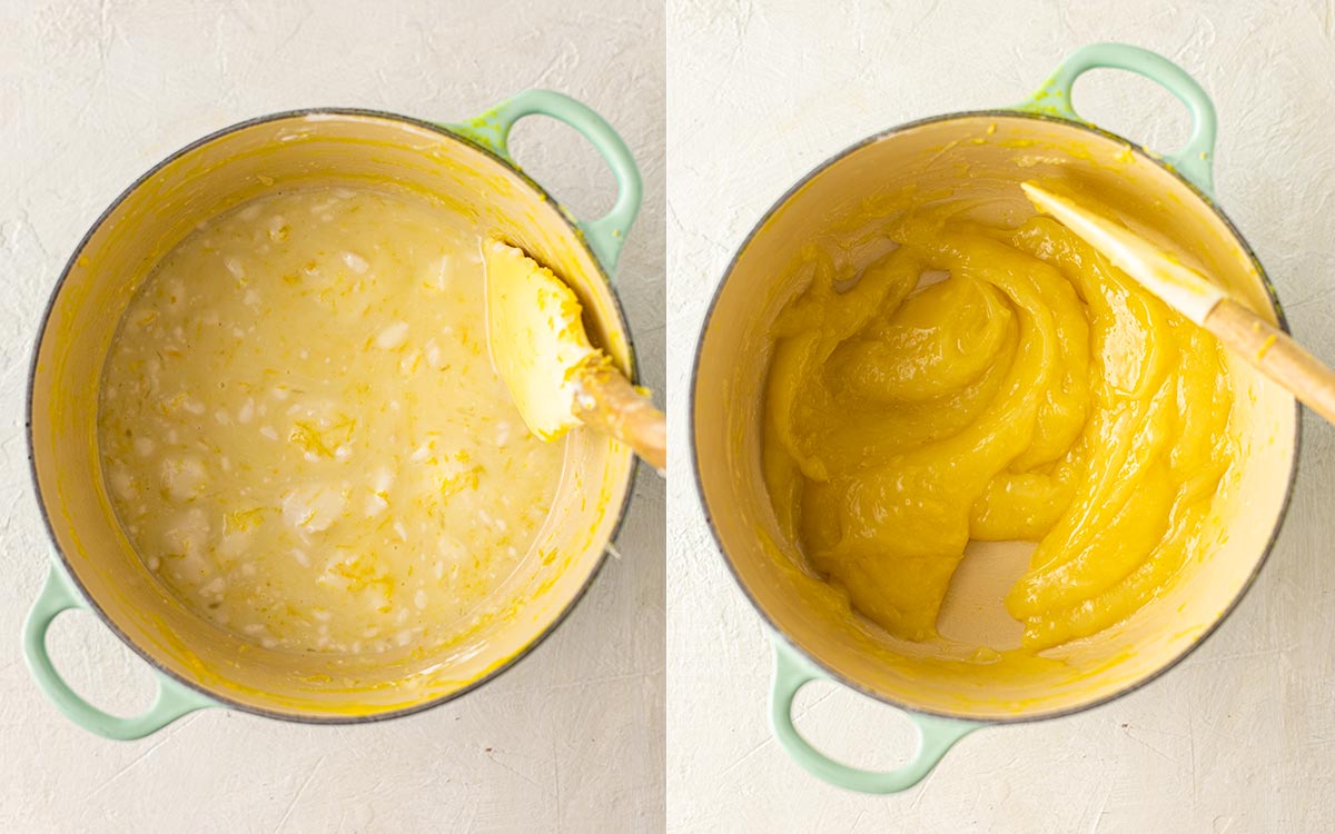 Two image collage of making the filling for the cheesecake (making the thick lemon custard)