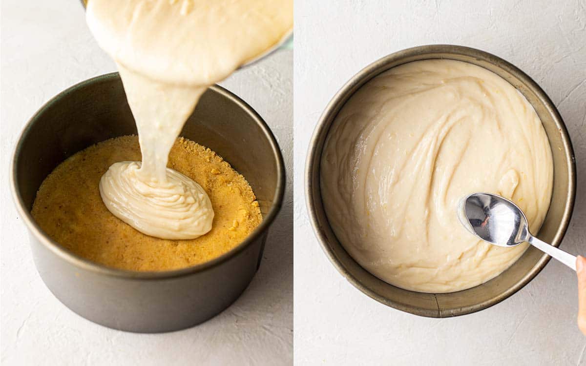 Two image collage of pouring thick cheesecake batter into cake tin on top of crust and flattening the surface