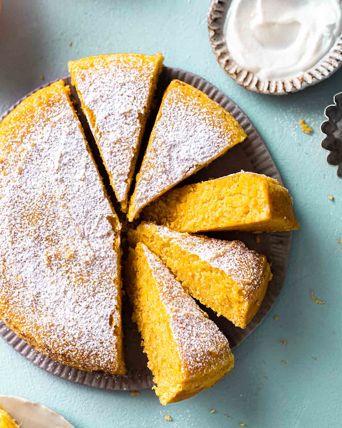 Close up of dense and moist texture of orange cake.