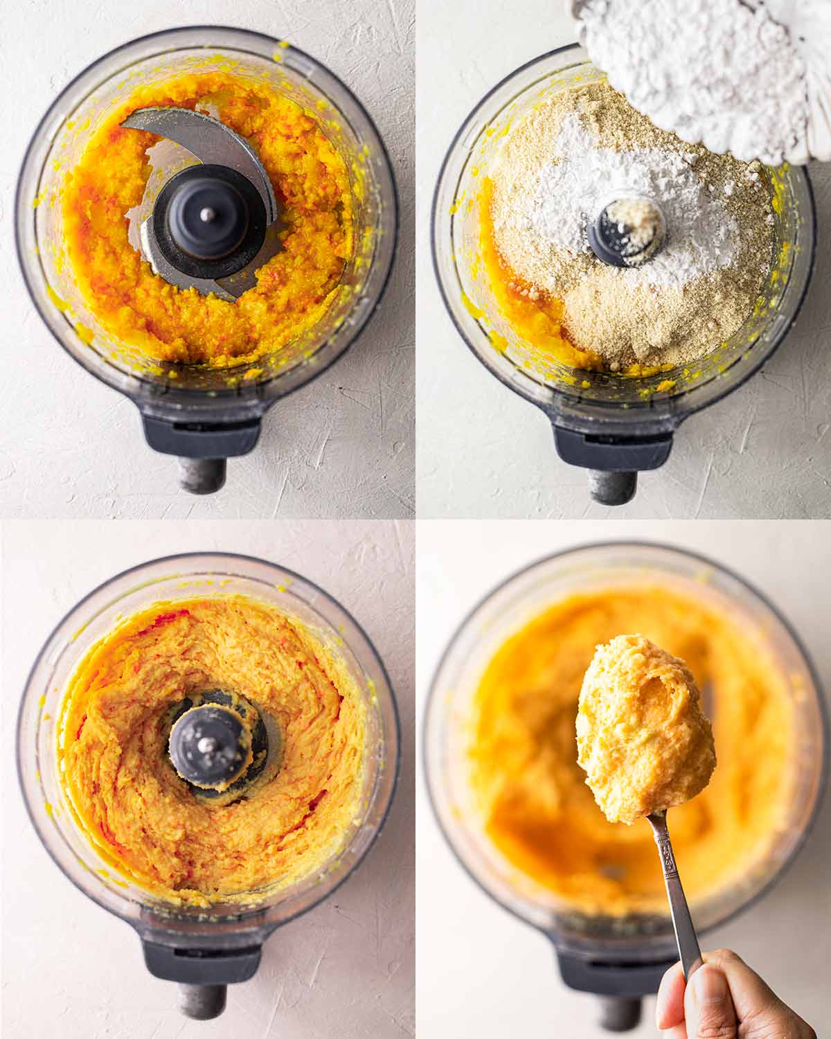 Four image collage of making the orange cake in a food processor