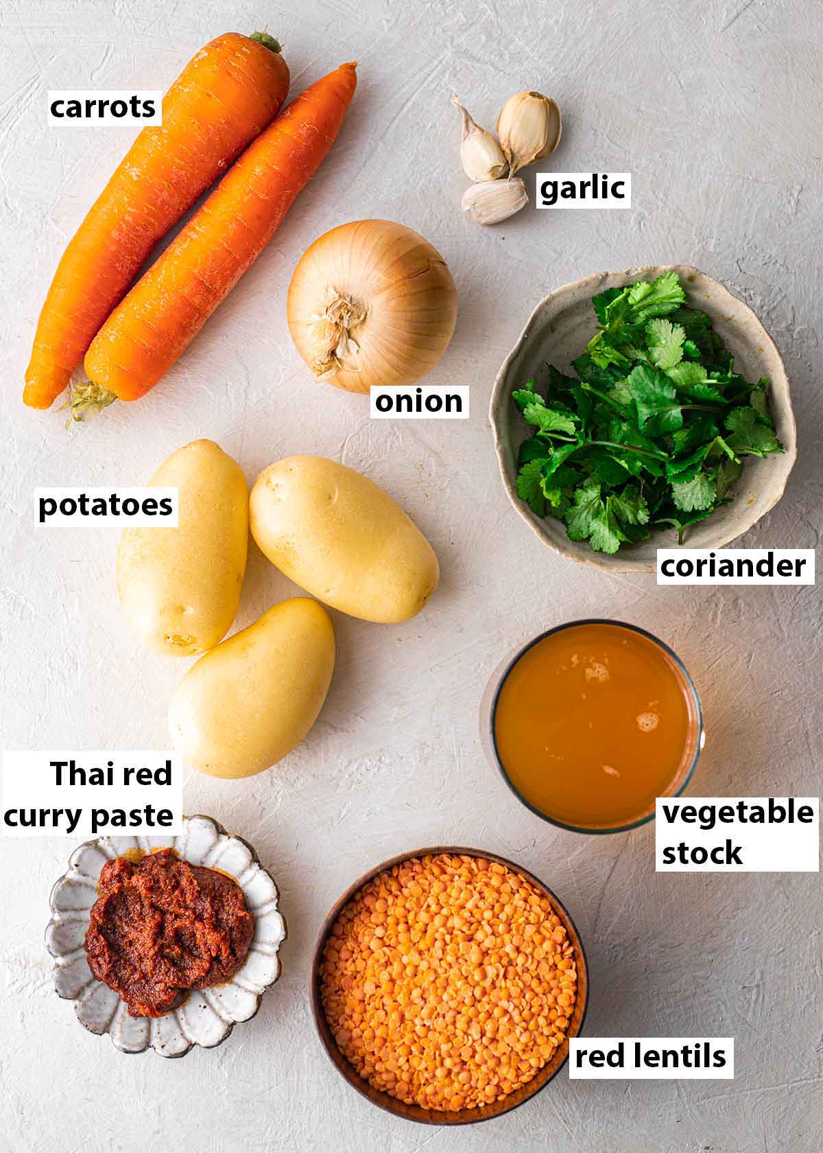 Flatlay of ingredients for Thai lentil soup.