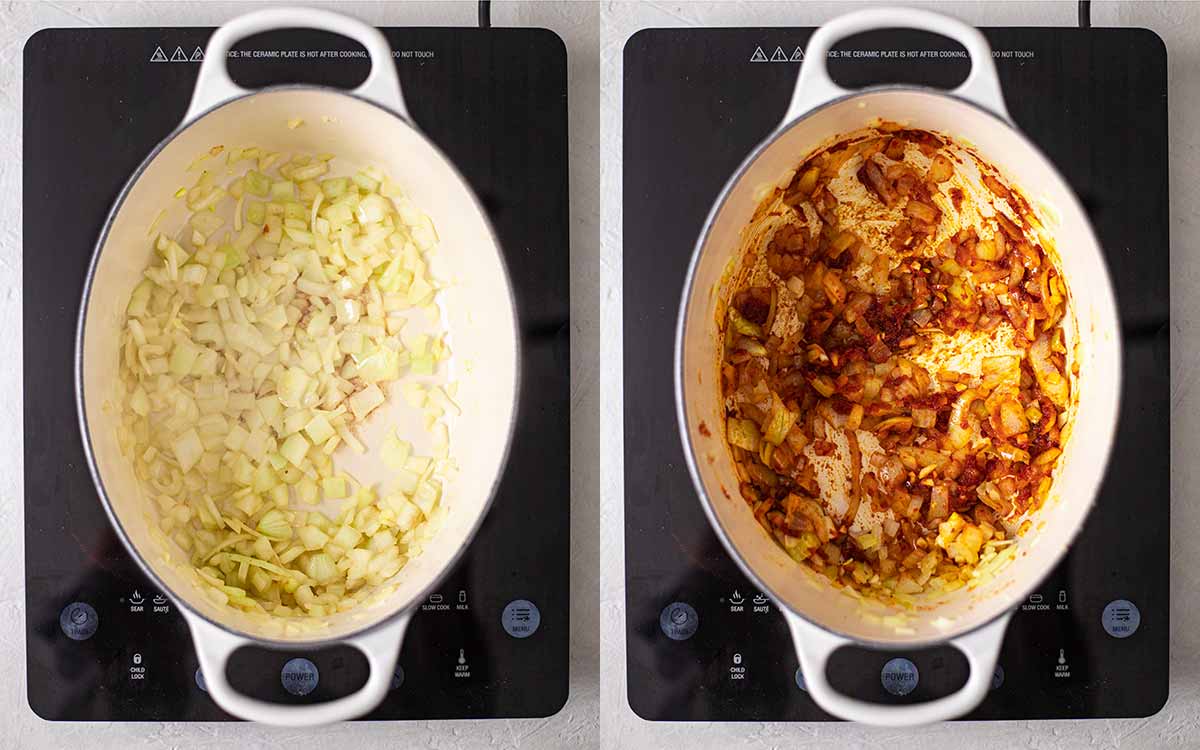 Two image collage of how to prepare the soup: onions, garlic and Thai red curry paste.