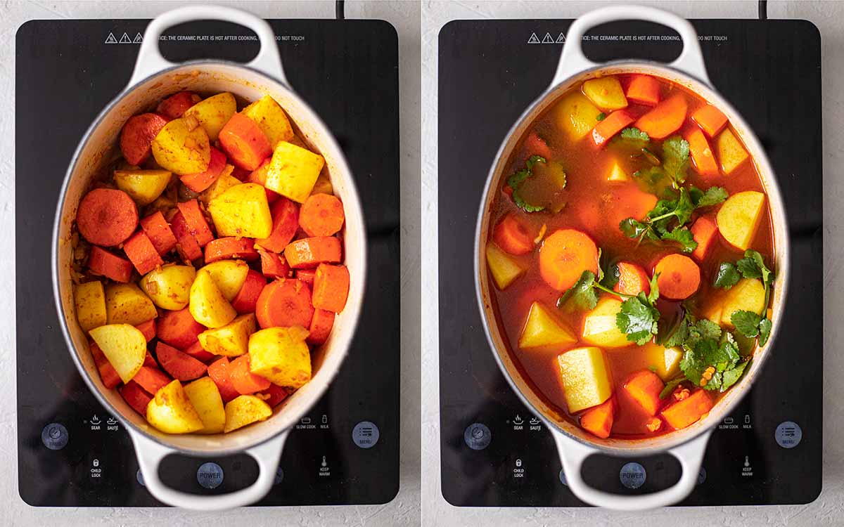 Two image collage of how to prepare the soup: adding vegetables, stock and coriander.