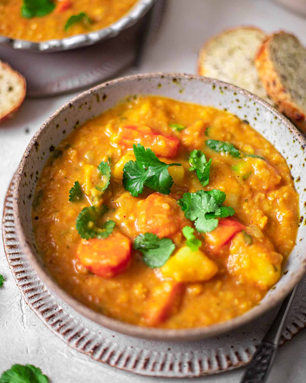 Close up of thick soup in bowl.