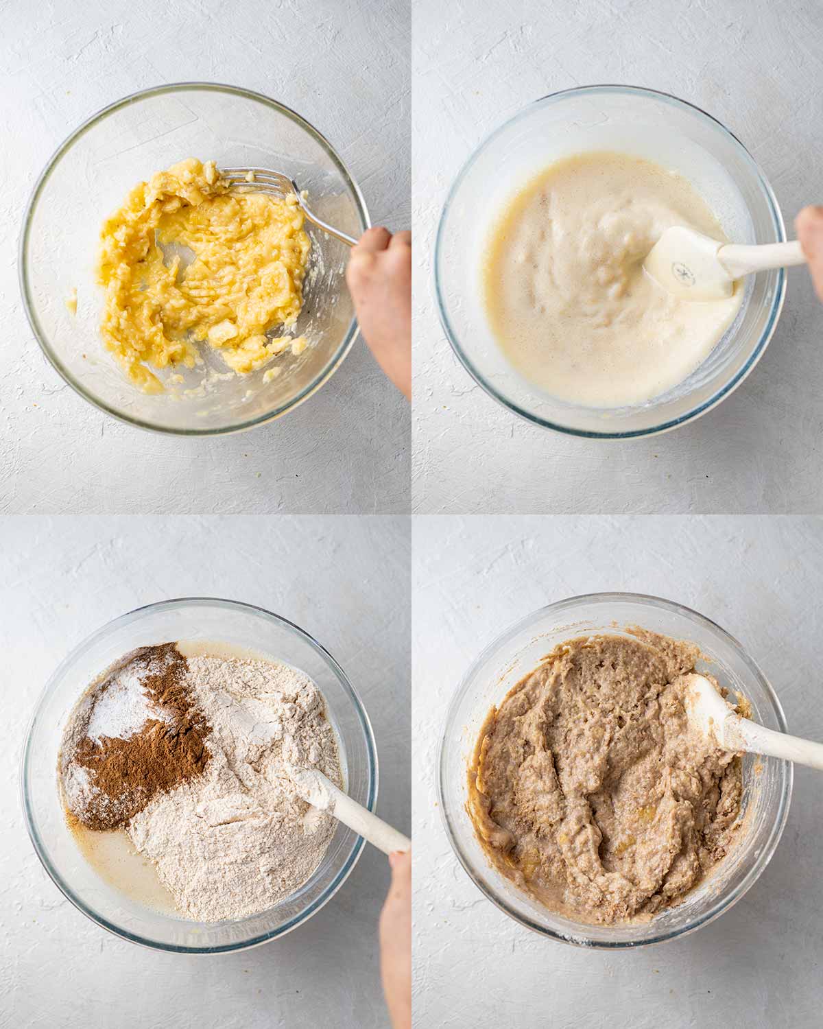 Four image collage of thick batter in bowl for banana bread.