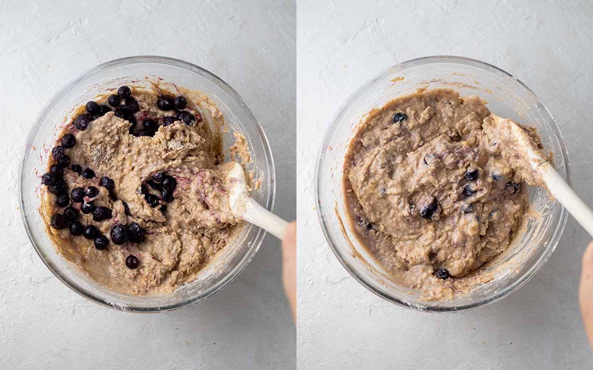 Two image collage of folding in blueberries into banana bread batter.