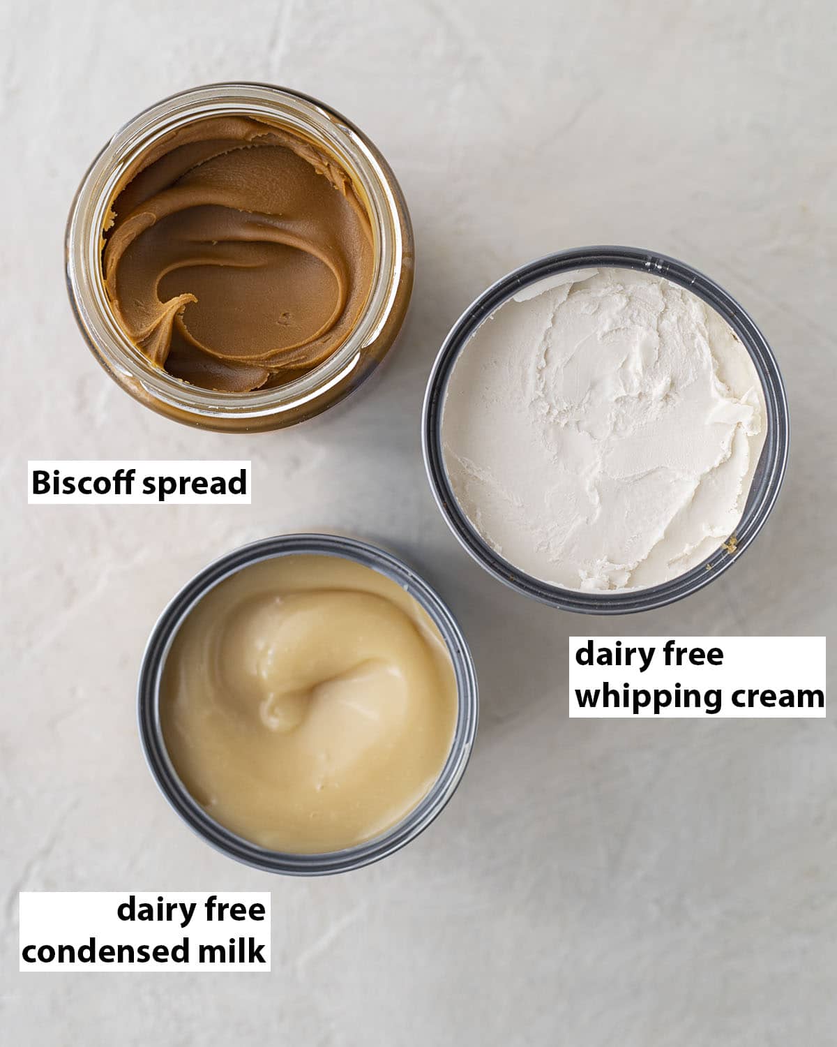 Flatlay of 3 ingredients to make easy ice cream.