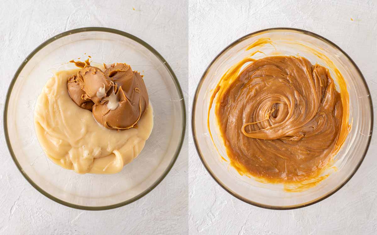 Two image collage of mixing the condensed milk and biscoff spread in a bowl.