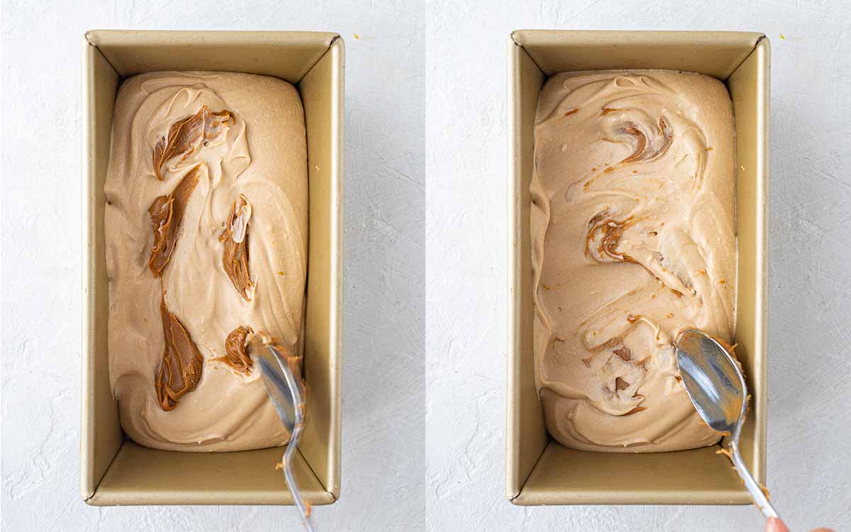 Two image collage of spooning the thick ice cream into a loaf pan.